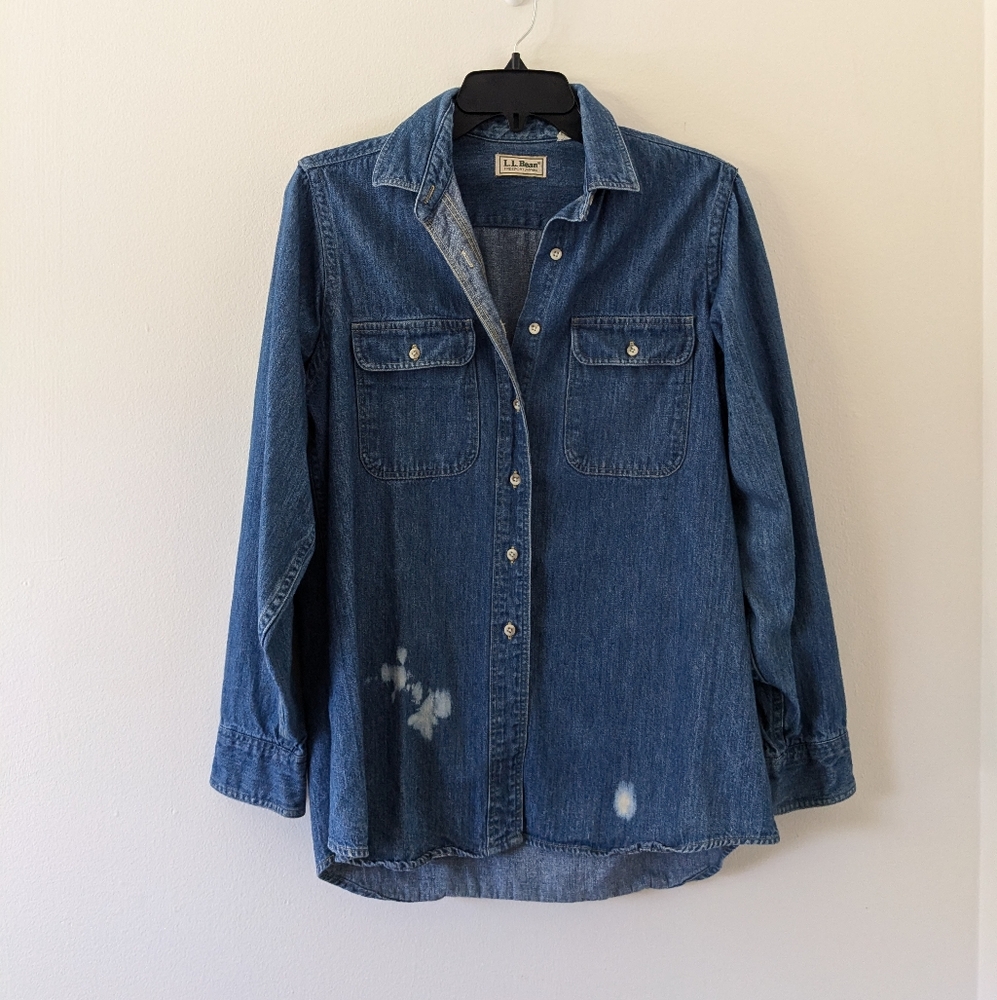 Vintage LL Bean Denim Distressed Bleached Button Up LS Shirt Womens Sz L
